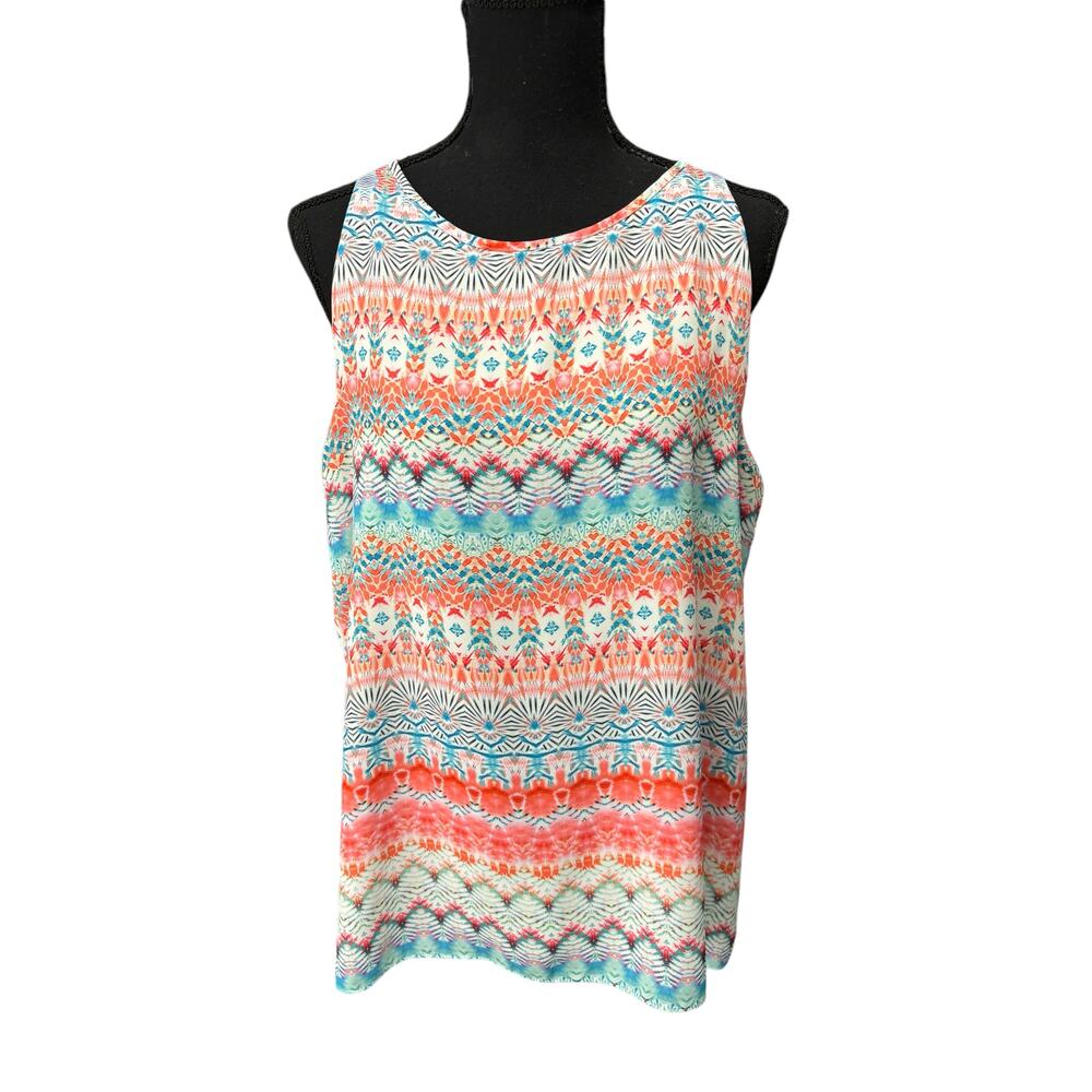 ST. Tropez West Sleeveless Tank Top Sz L Orange Blue Printed Relaxed Fit Blouse